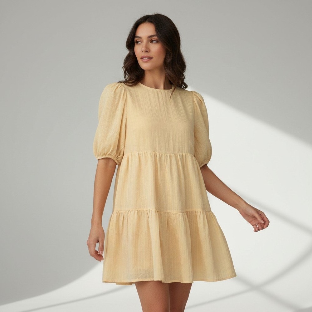 Reformation Estate Dress Zest Yellow Tiered Puff Sleeve Mini Dress Size Sm NEW